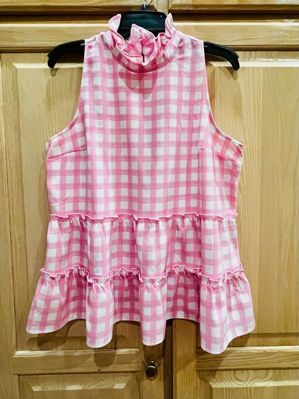 Crown and Ivy Pink Gingham Ruffle Sleeveless Peplum Top